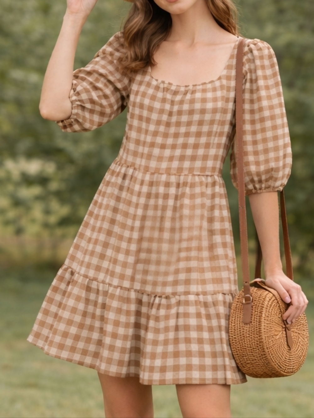 By The River Gingham Tiered Square Neck Puff Sleeve Babydoll Dress Small